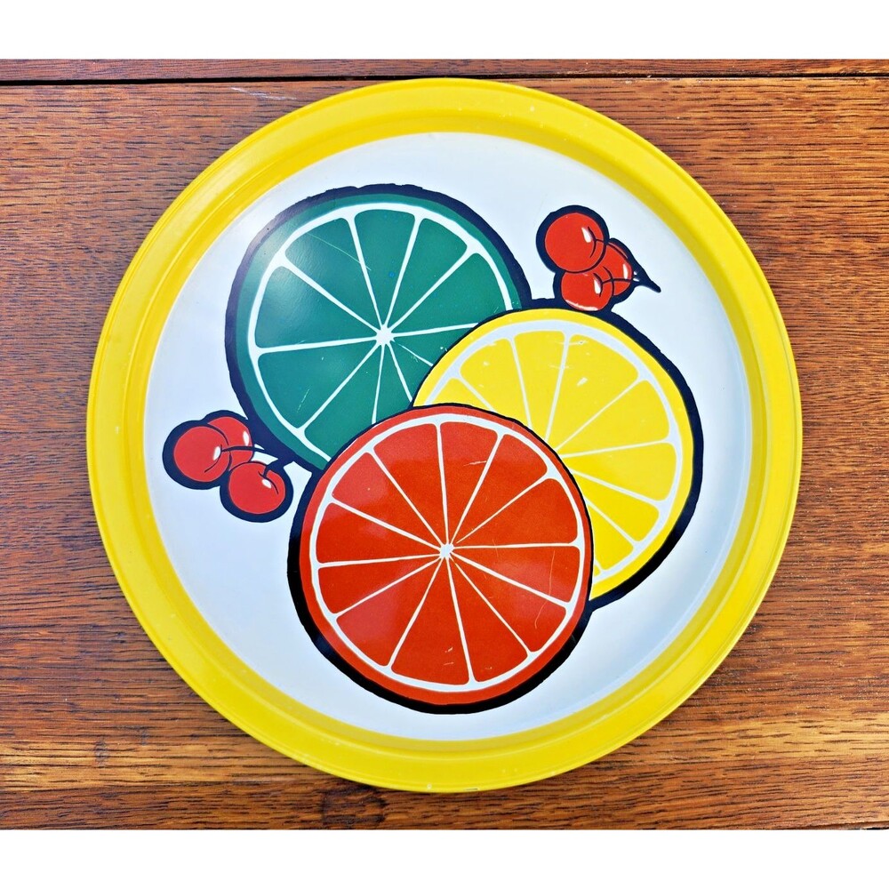 Vintage 70s Citrus Fruit Tin Serving Tray 11" Round Orange Lemon Limes Retro